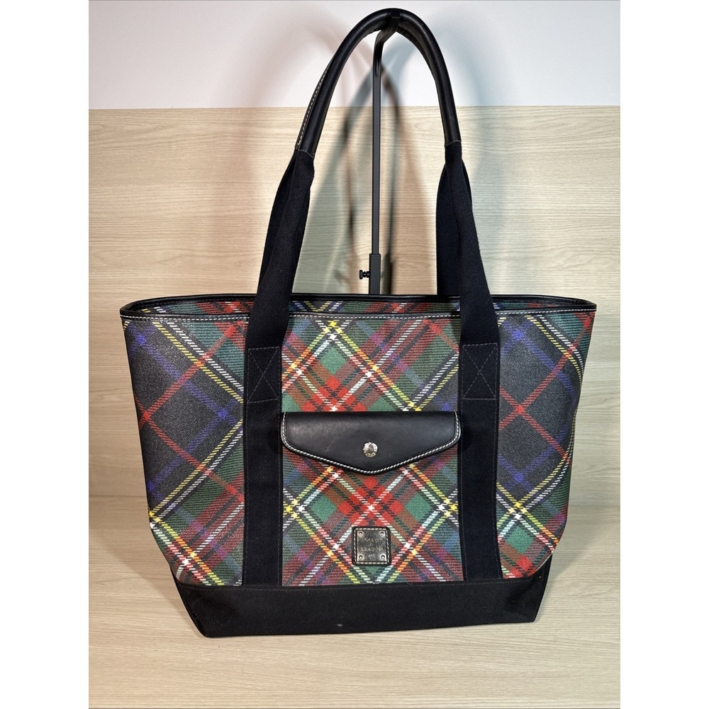 Dooney & Bourne Large Go 2 Tote Bag Black Plaid‎ Leather/Cloth Excellent!